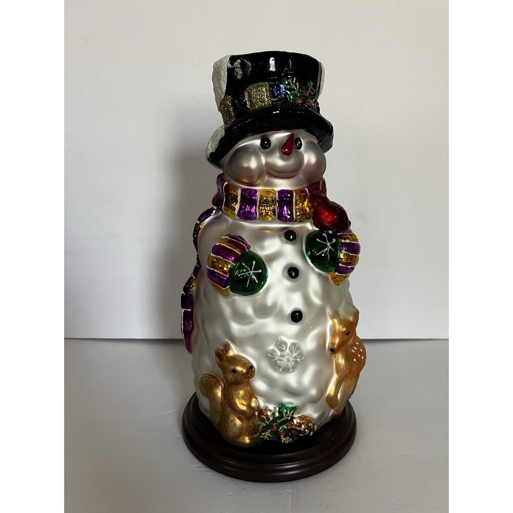 2004 THOMAS PACCONI CLASSICS BLOWN MERCURY GLASS SNOWMAN ON WOOD BASE 14" TALL